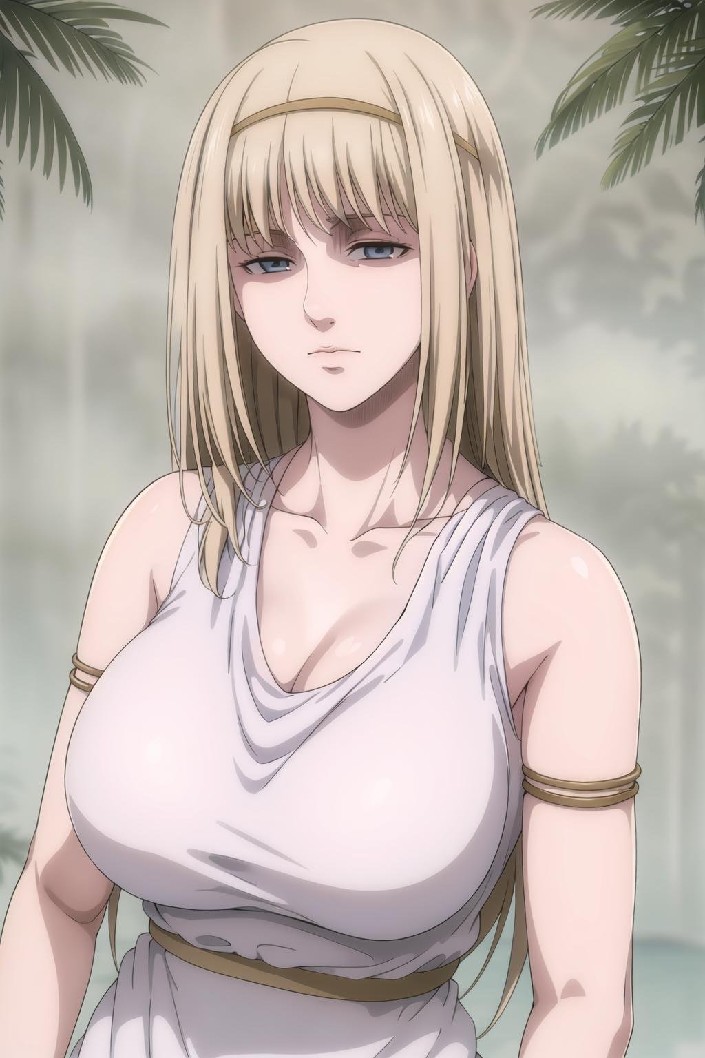 Simple White Background,white shirt,collarbone, cleavage, bare shoulders, <lora:Ymir_Fritz_AOT-KK77-V1:0.7>, armbands, blue eyes, blonde hair,bangs,Long_hair,hairband,<lora:Oda_Non_Style-KK77-V2:0.3>,<lora:more_details:0.1>,1 girl, 20yo,Young female,Beautiful Finger,Beautiful long legs,Beautiful body,Beautiful Nose,Beautiful character design, perfect eyes, perfect face,expressive eyes,perfect balance,looking at viewer,(Focus on her face),closed mouth, (innocent_big_eyes:1.0),(Light_Smile:0.3),official art,extremely detailed CG unity 8k wallpaper, perfect lighting,Colorful, Bright_Front_face_Lighting,White skin,(masterpiece:1.0),(best_quality:1.0), ultra high res,4K,ultra-detailed,photography, 8K, HDR, highres, absurdres:1.2, Kodak portra 400, film grain, blurry background, bokeh:1.2, lens flare, (vibrant_color:1.2),professional photograph,(Beautiful,large_Breasts:1.4), (beautiful_face:1.5),(narrow_waist), 