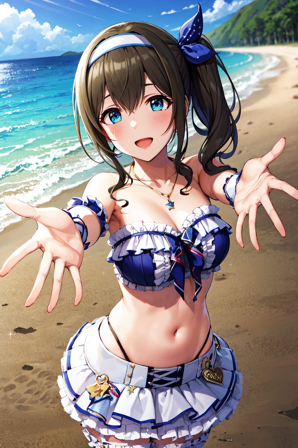 masterpiece, best quality, highres, ddfumika, idolmaster, side ponytail, hairband, hair ribbon, blue bow, star hair ornament, sidelocks, large breasts, collarbone, necklace, strapless, frilled bikini, arm garter, single wrist cuff, midriff, layered skirt, bridal garter, <lora:sagisawa_fumika_v1:0.8>, beach, standing, smile, outstretched arms, open mouth,