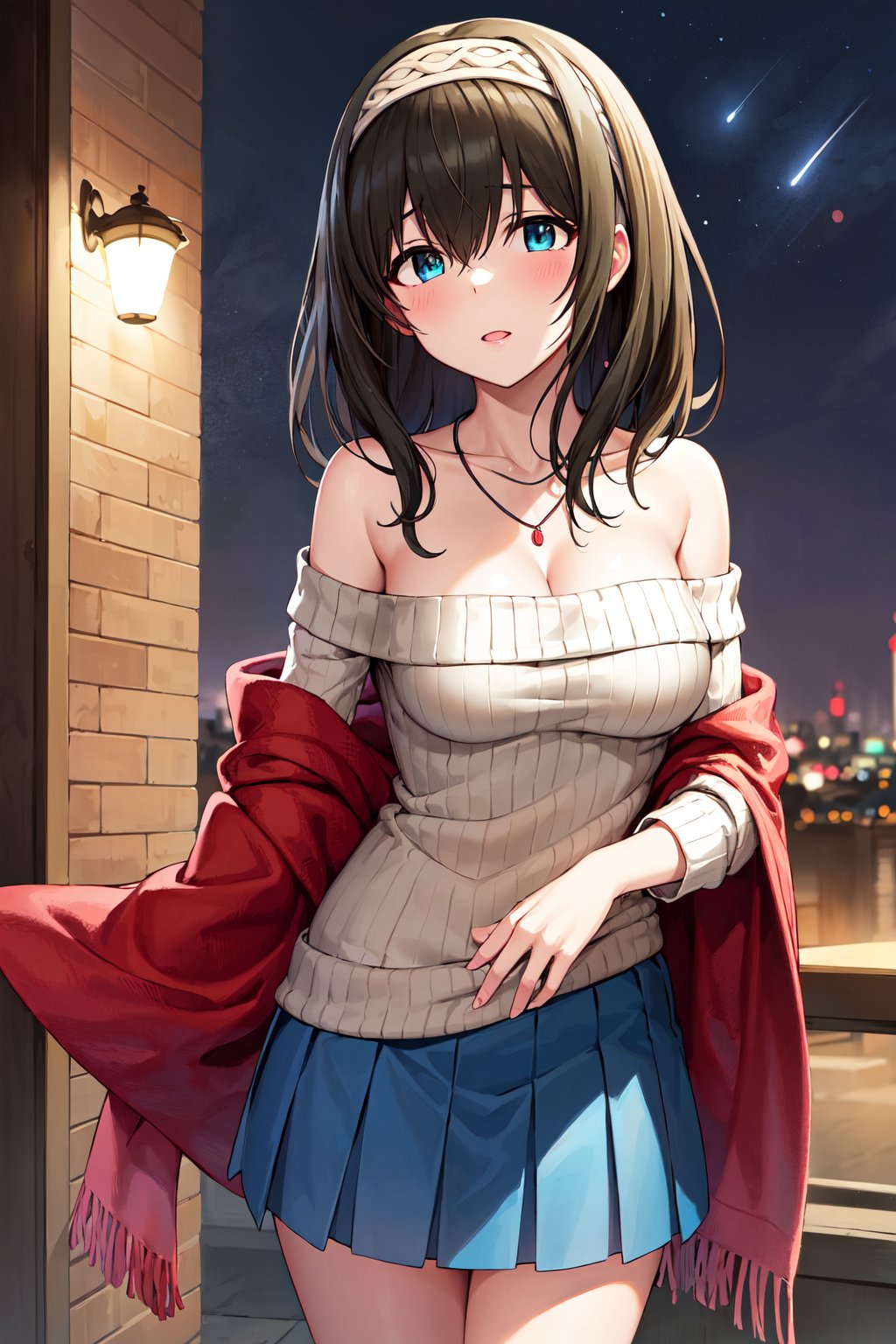 masterpiece, best quality, highres, bbfumika, idolmaster, long hair, hairband, collarbone, necklace, cleavage, off-shoulder sweater, white sweater, red shawl, blue skirt, <lora:sagisawa_fumika_v1:0.8>, night, standing, cowboy shot, 