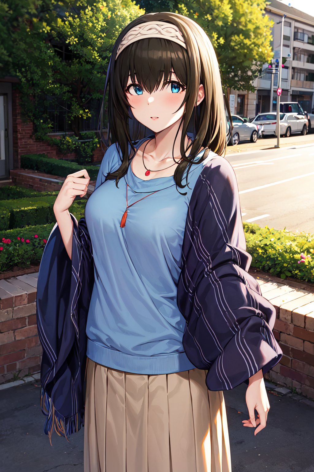 masterpiece, best quality, highres, aafumika, idolmaster, long hair, hairband, collarbone, necklace, blue sweater, blue shawl, brown skirt, <lora:sagisawa_fumika_v1:0.8>, cowboy shot, standing, outdoors,