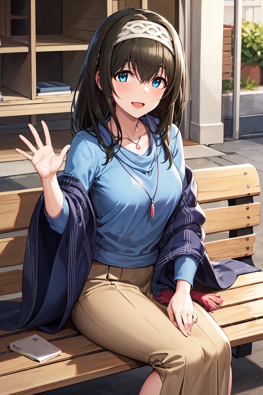 masterpiece, best quality, highres, aafumika, idolmaster, long hair, hairband, collarbone, necklace, blue sweater, blue shawl, brown skirt, <lora:sagisawa_fumika_v1:0.8>, sitting, waving, open mouth, bench, smile