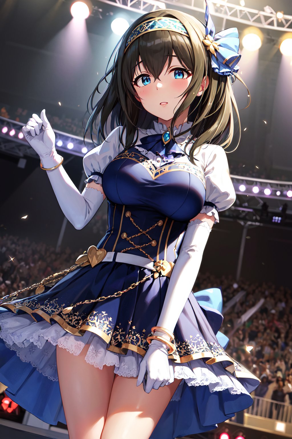 masterpiece, best quality, highres, fffumika, idolmaster, long hair, hairband, blue dress, puffy short sleeves, bracelet, elbow gloves, white gloves, <lora:sagisawa_fumika_v1:0.8>, standing, stage, cowboy shot, outdoors, arms at sides, 