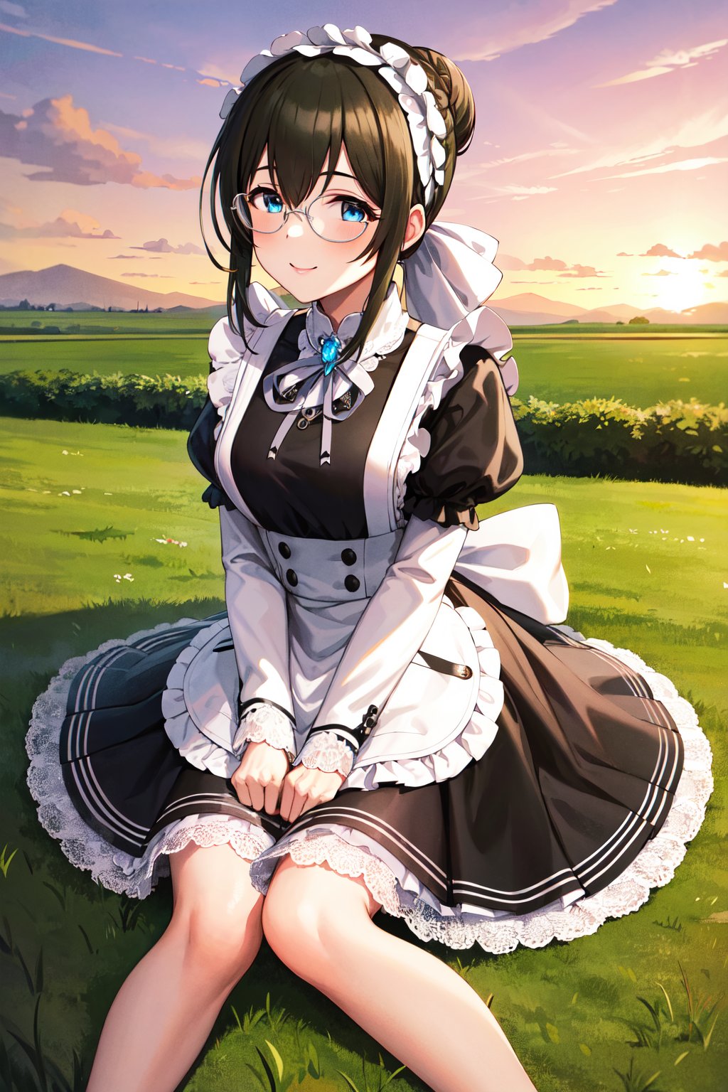 masterpiece, best quality, highres, eefumika, idolmaster, single hair bun, maid headdress, sidelocks, glasses, frills, brooch, maid, black dress, puffy sleeves, long sleeves, maid apron, white apron, <lora:sagisawa_fumika_v1:0.8>,  sitting, on floor, field, sunset, smile,