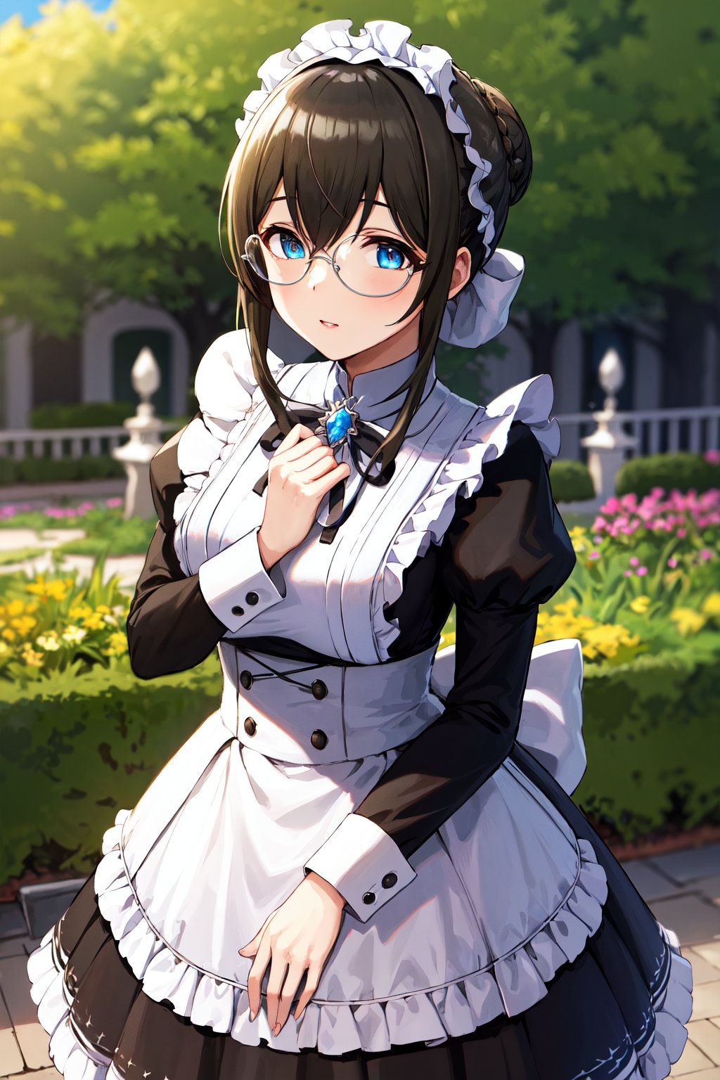 masterpiece, best quality, highres, eefumika, idolmaster, single hair bun, maid headdress, sidelocks, glasses, frills, brooch, maid, black dress, puffy sleeves, long sleeves, maid apron, white apron, <lora:sagisawa_fumika_v1:0.8>, garden, standing, cowboy shot, 