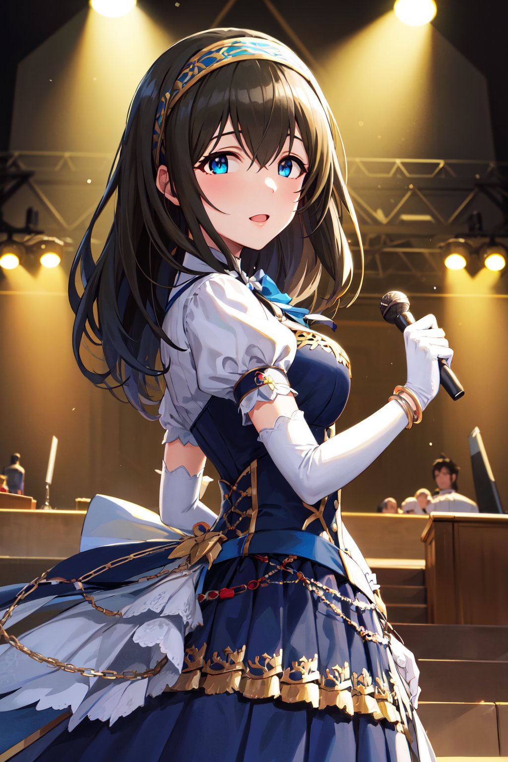 masterpiece, best quality, highres, fffumika, idolmaster, long hair, hairband, blue dress, puffy short sleeves, bracelet, elbow gloves, white gloves, <lora:sagisawa_fumika_v1:0.8>, standing, stage, cowboy shot, outdoors, arms at sides, 