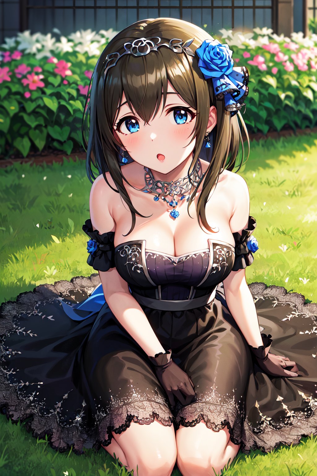 masterpiece, best quality, highres, ccfumika, idolmaster, long hair, tiara, hair ornament, hair flower, earrings, necklace, bare shoulders, cleavage, large breasts, black dress, strapless dress, black gloves, , <lora:sagisawa_fumika_v1:0.8>, garden, field, wariza, sitting, :o