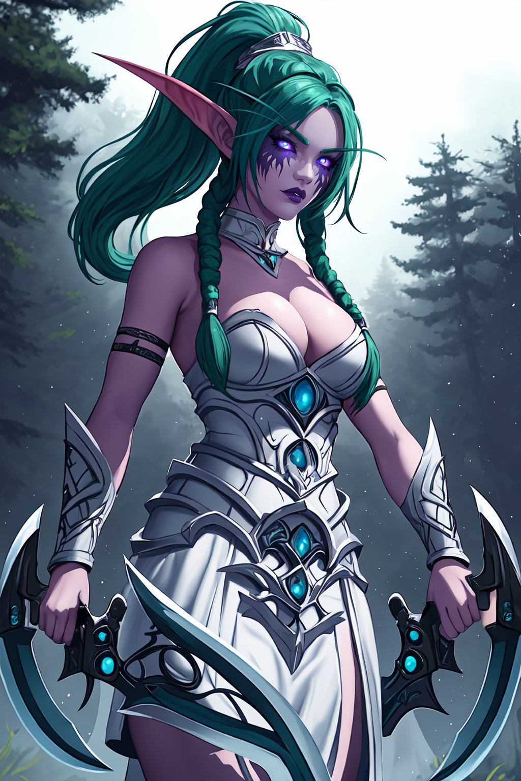 (high quality:1.1), extremely detailed, shadow,TNDbfa, elf, 1girl, purple skin, solo, standing, (holding warglaives, warglaives, dual wielding:1.3),looking at viewer, determined,long pointy ears, green hair, long hair, ponytail, braids, twinbraids, thick lips, purple lips, makeup, (black sclera:1.2), glowing eyes,armoroutfit, bare shoulders, armlet, bracelet, armored boots,large breasts, cleavage,forest, twilight, night,<lora:TyrandeTNDBfA:0.9>