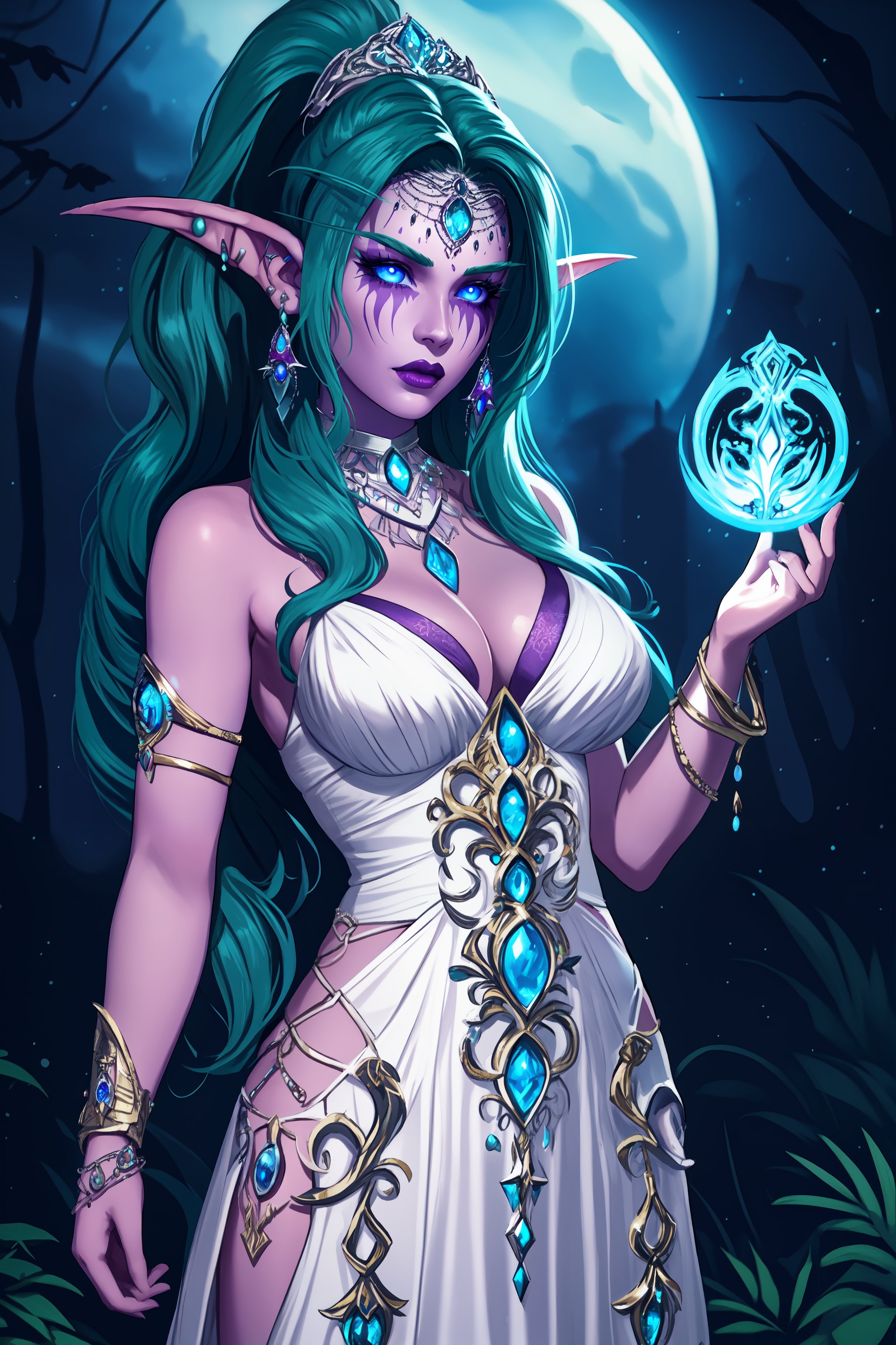 (high quality:1.1), cinemating lighting, extremely detailed,Tyrande, elf, 1girl, purple skin, solo, hand on own chest, casting spell, magic, cowboy shot, (looking at viewer:1.1), determined, teeth, long pointy ears, green hair, long hair, ponytail, thick lips, purple lips, makeup, (blue eyes:1.2), glowing eyes, jewelry, necklace, earrings, forehead jewel, crescent, tiara,elunedress, bare shoulders, armlet, bracelet, large breasts, cleavage,ancient city, fantasy, night, shadow,<lora:TyrandeTNDBfA:0.9>