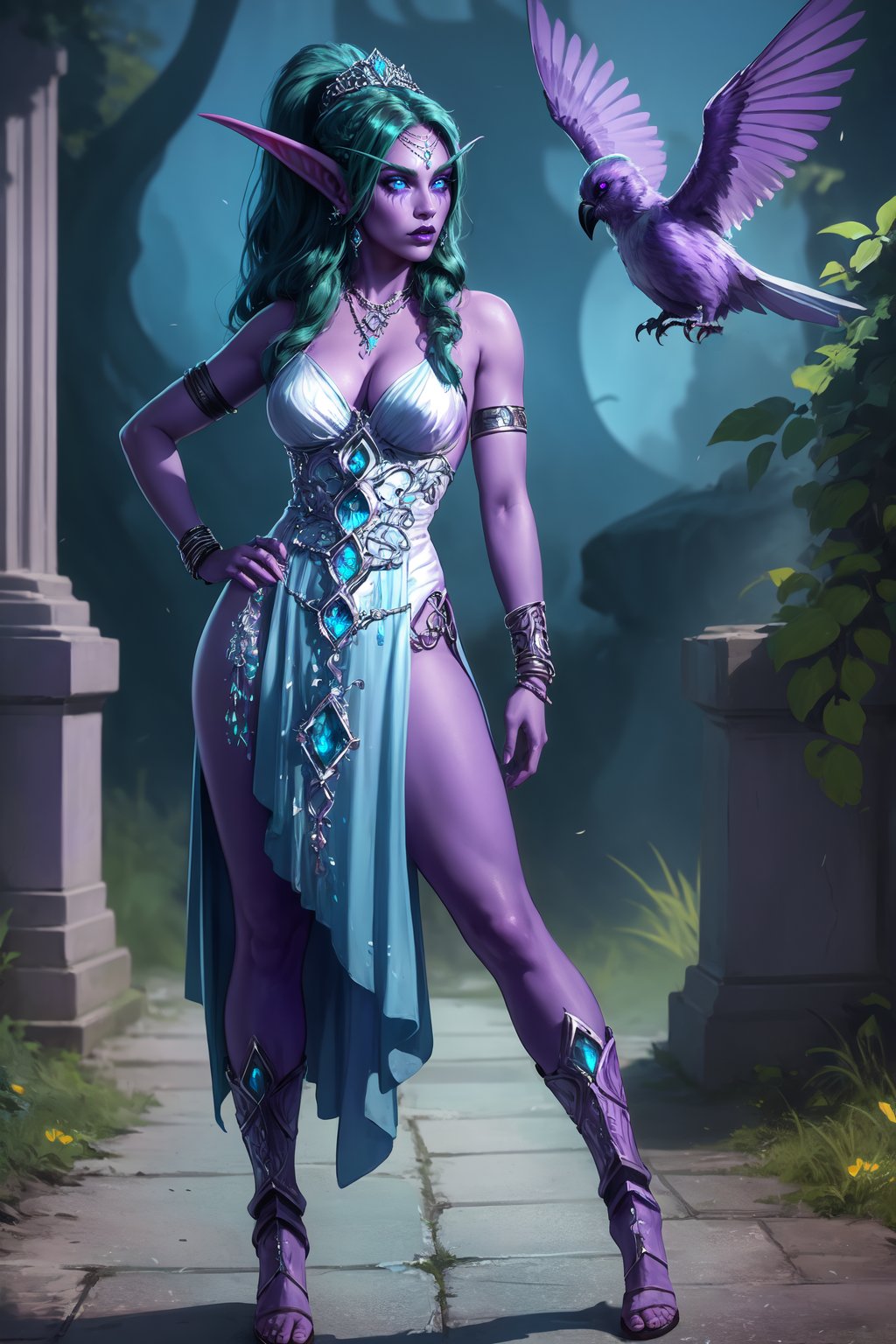 (high quality:1.1), cinemating lighting, extremely detailed,Tyrande, elf, 1girl, purple skin, solo, standing, hand on hip, flying bird, looking at viewer, determined,long pointy ears, green hair, long hair, ponytail, thick lips, purple lips, makeup, blue eyes, glowing eyes, jewelry, necklace, earrings, forehead jewel, crescent, tiara,elunedress, bare shoulders, armlet, bracelet, toeless footwear, high heel boots,large breasts, cleavage,<lora:TyrandeTNDBfA:0.9>