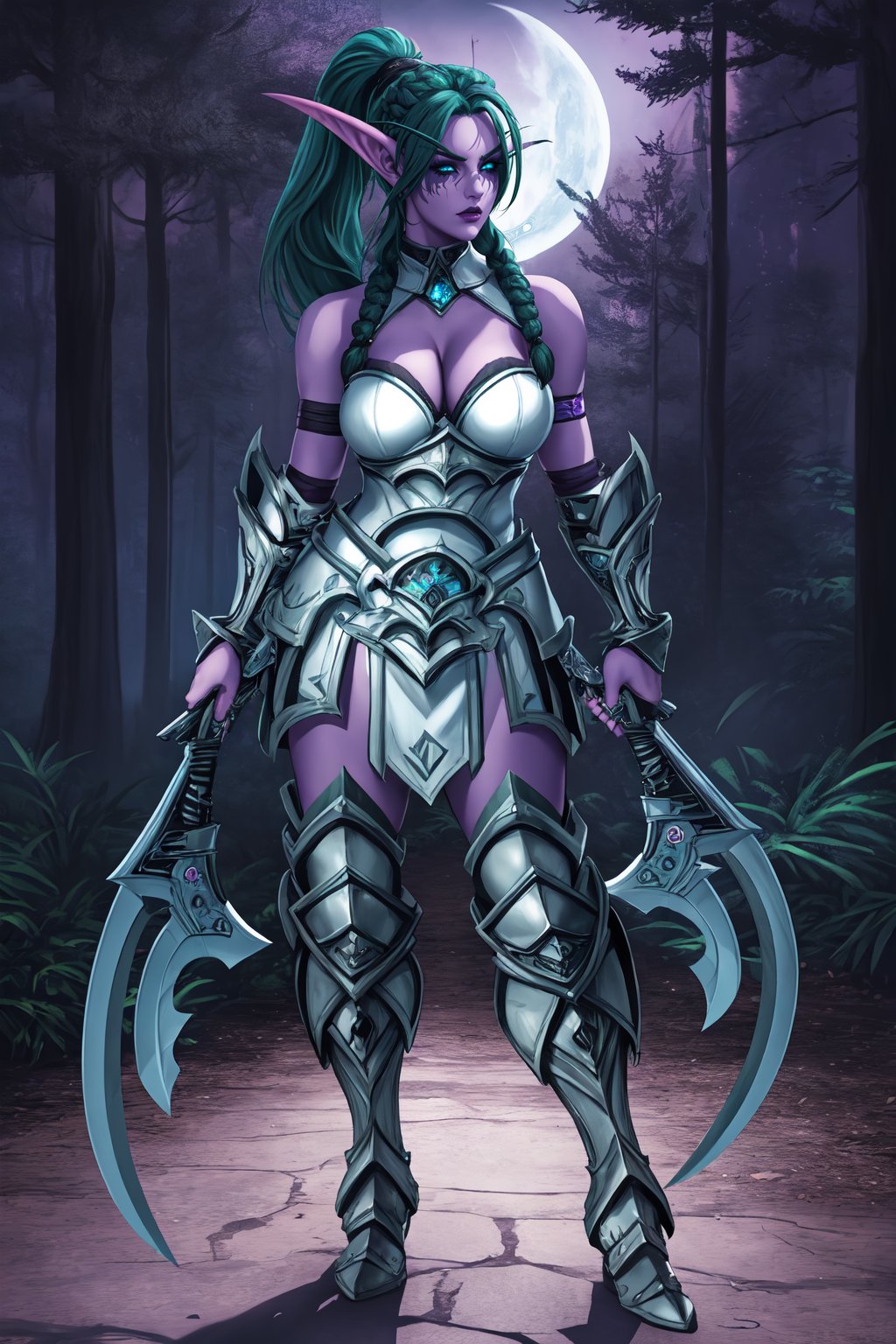 (high quality:1.1), extremely detailed, shadow,TNDbfa, elf, 1girl, purple skin, solo, standing, (holding warglaives, warglaives, dual wielding:1.3), full body,looking at viewer, determined,long pointy ears, green hair, long hair, ponytail, braids, twinbraids, thick lips, purple lips, makeup, (black sclera:1.2), glowing eyes,armoroutfit, bare shoulders, armlet, bracelet, armored boots,large breasts, cleavage,forest, twilight, night,<lora:TyrandeTNDBfA:0.9>