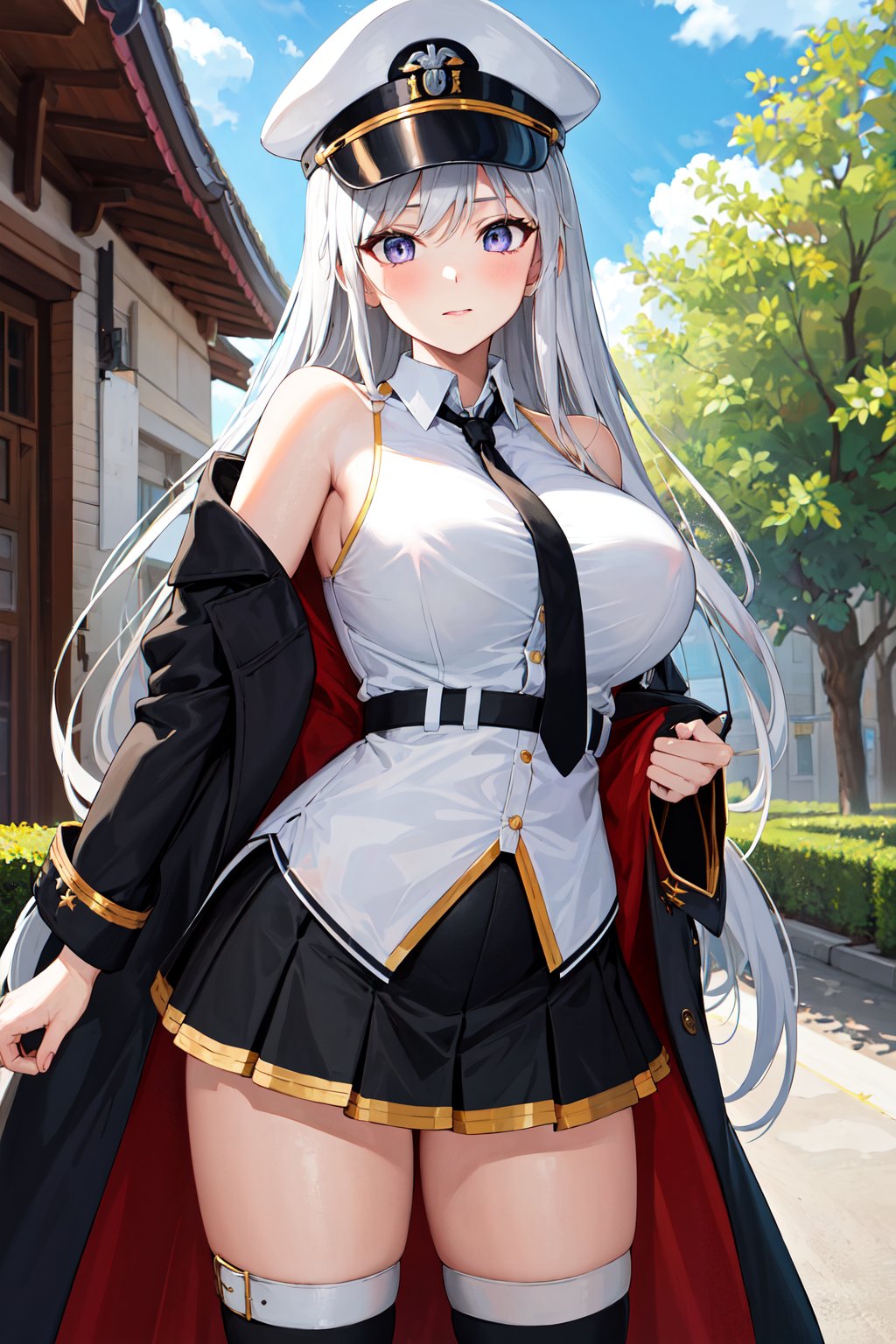 masterpiece, best quality, highres, aaenter, long hair, hat, white headwear, large breasts, black necktie, sleeveless shirt, white shirt, off shoulder, black coat, open coat, belt, pleated skirt, black skirt, black thighhighs, <lora:enterprise_v1:0.7>, cowboy shot, standing, outdoors,