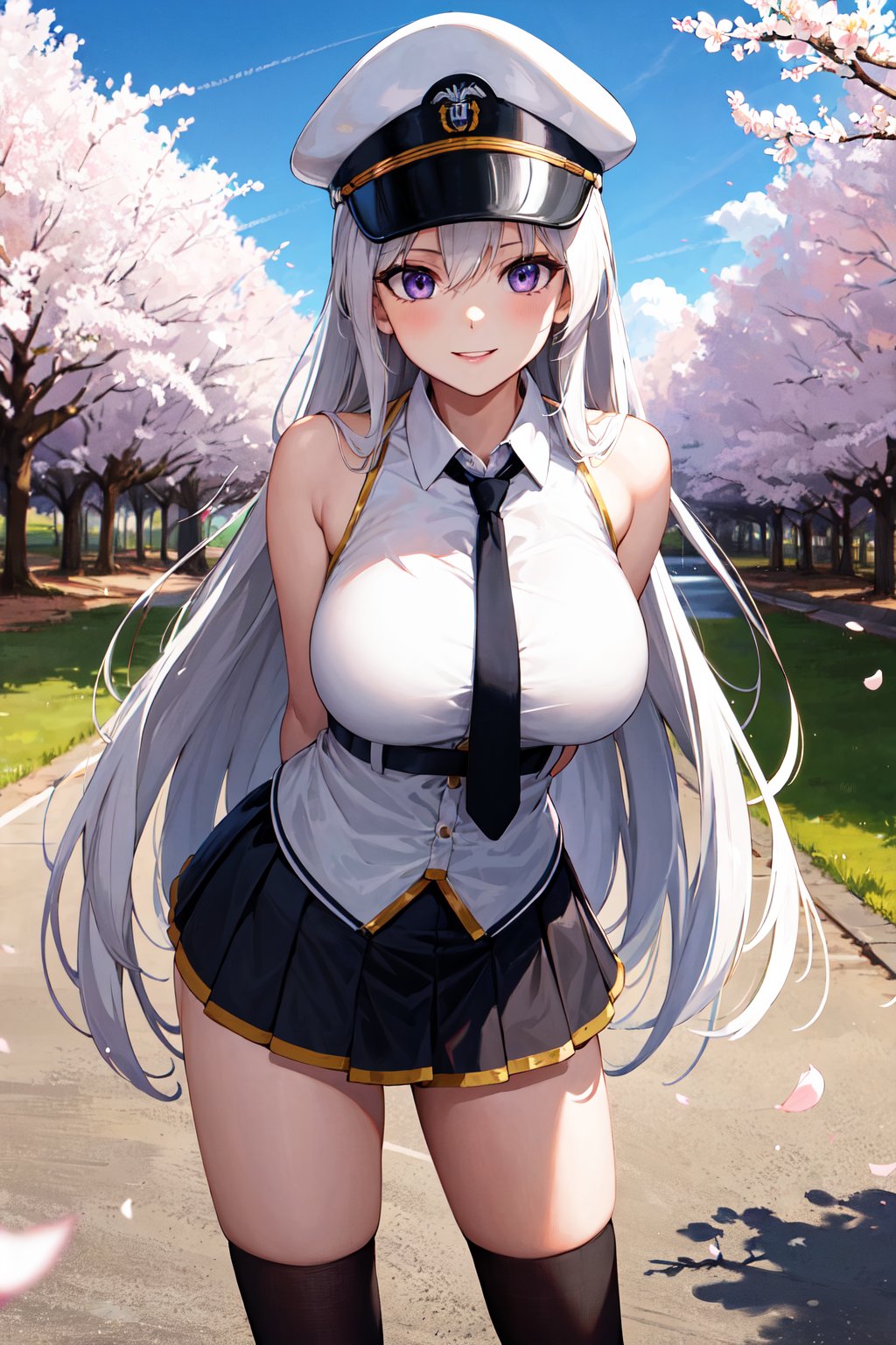 masterpiece, best quality, highres, aaenter, long hair, hat, white headwear, large breasts, black necktie, sleeveless shirt, white shirt, bare arms, belt, pleated skirt, black skirt, black thighhighs, <lora:enterprise_v1:0.7>, smile, arms behind back, cherry blossoms, standing, outdoors, leaning forward,