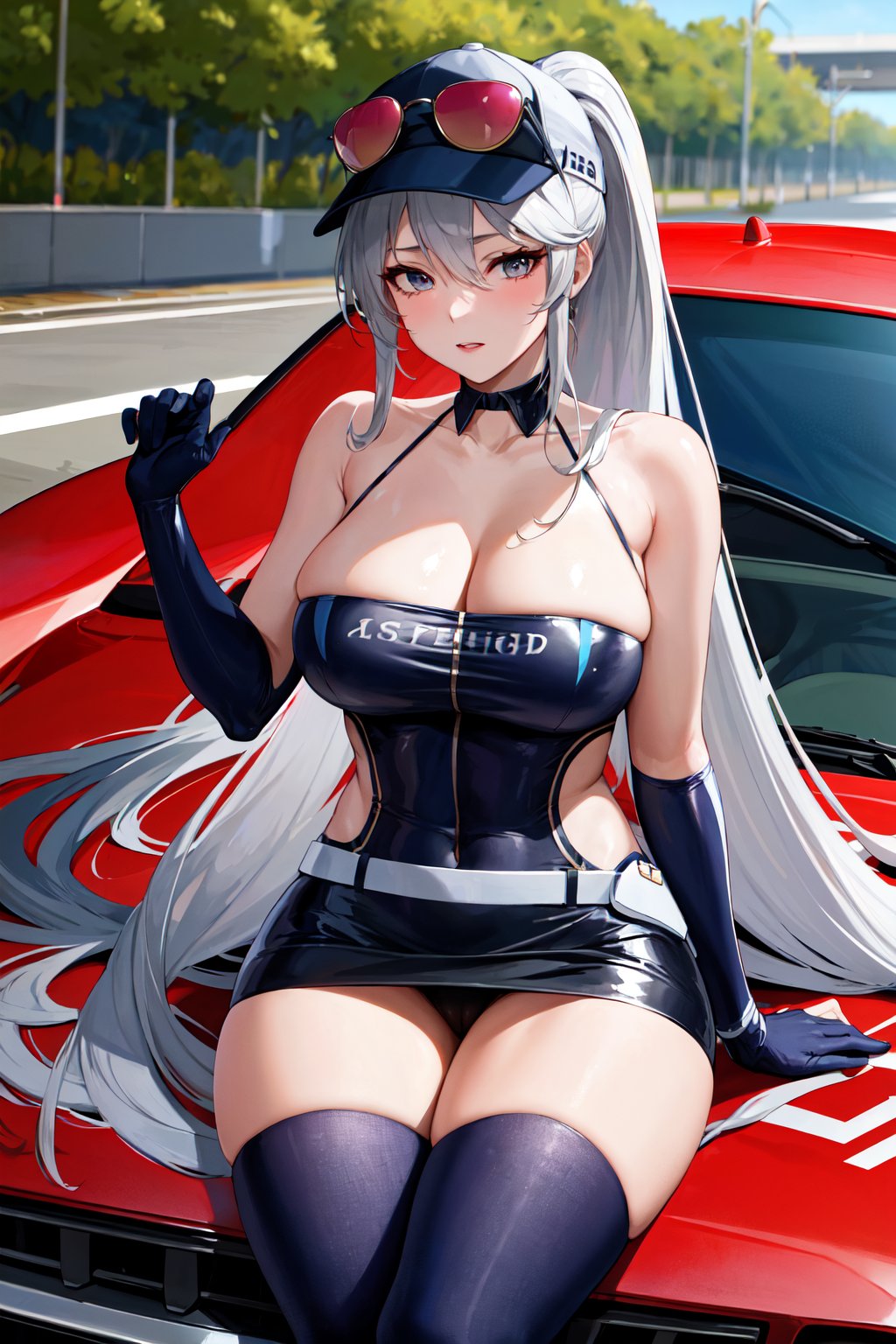 masterpiece, best quality, highres, bbenter, long hair, ponytail, baseball cap, eyewear on headwear, sunglasses, large breasts, cleavage, halter dress, sleeveless, single gloves, white belt, miniskirt, thighhighs, <lora:enterprise_v1:0.7>, sitting, car, spread legs, underwear, outdoors