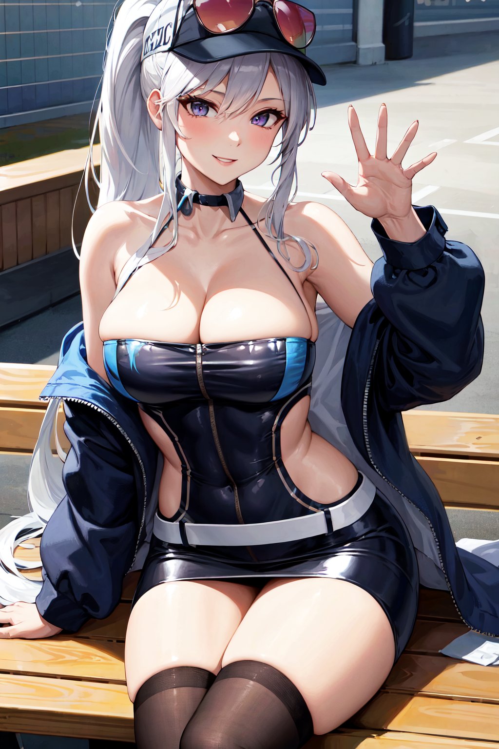 masterpiece, best quality, highres, bbenter, long hair, ponytail, baseball cap, eyewear on headwear, sunglasses, large breasts, cleavage, halter dress, sleeveless, jacket, single gloves, white belt, miniskirt, thighhighs, <lora:enterprise_v1:0.7>, waving, smile, sitting, bench