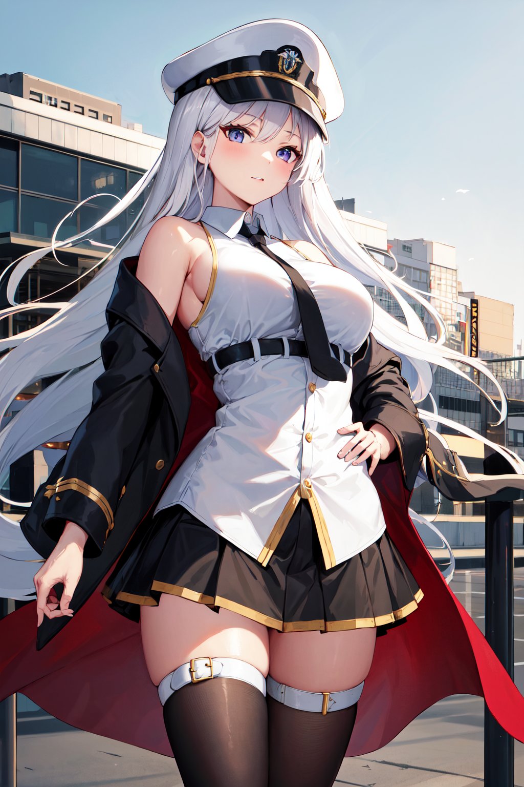 masterpiece, best quality, highres, aaenter, long hair, hat, white headwear, large breasts, black necktie, sleeveless shirt, white shirt, off shoulder, black coat, open coat, belt, pleated skirt, black skirt, black thighhighs, <lora:enterprise_v1:0.7>, cowboy shot, standing, outdoors,