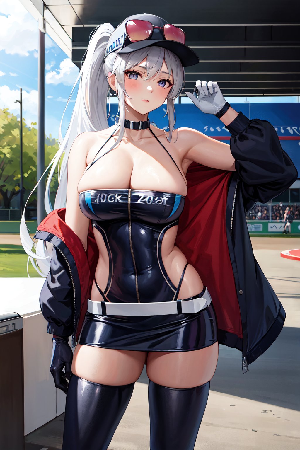 masterpiece, best quality, highres, bbenter, long hair, ponytail, baseball cap, eyewear on headwear, sunglasses, large breasts, cleavage, halter dress, sleeveless, jacket, single gloves, white belt, miniskirt, thighhighs, <lora:enterprise_v1:0.7>, standing, cowboy shot, outdoors