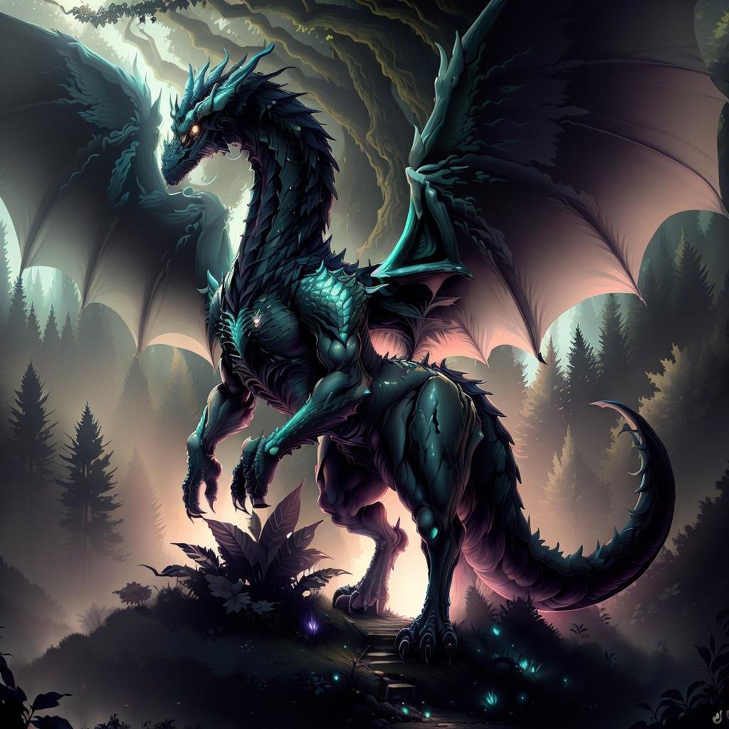 masterpiece, absurdres, extremely detailed,<lora:Mumfordai:1>, Mumfordai, fullbody, winged dragon, in forest, day, volumetric lighting