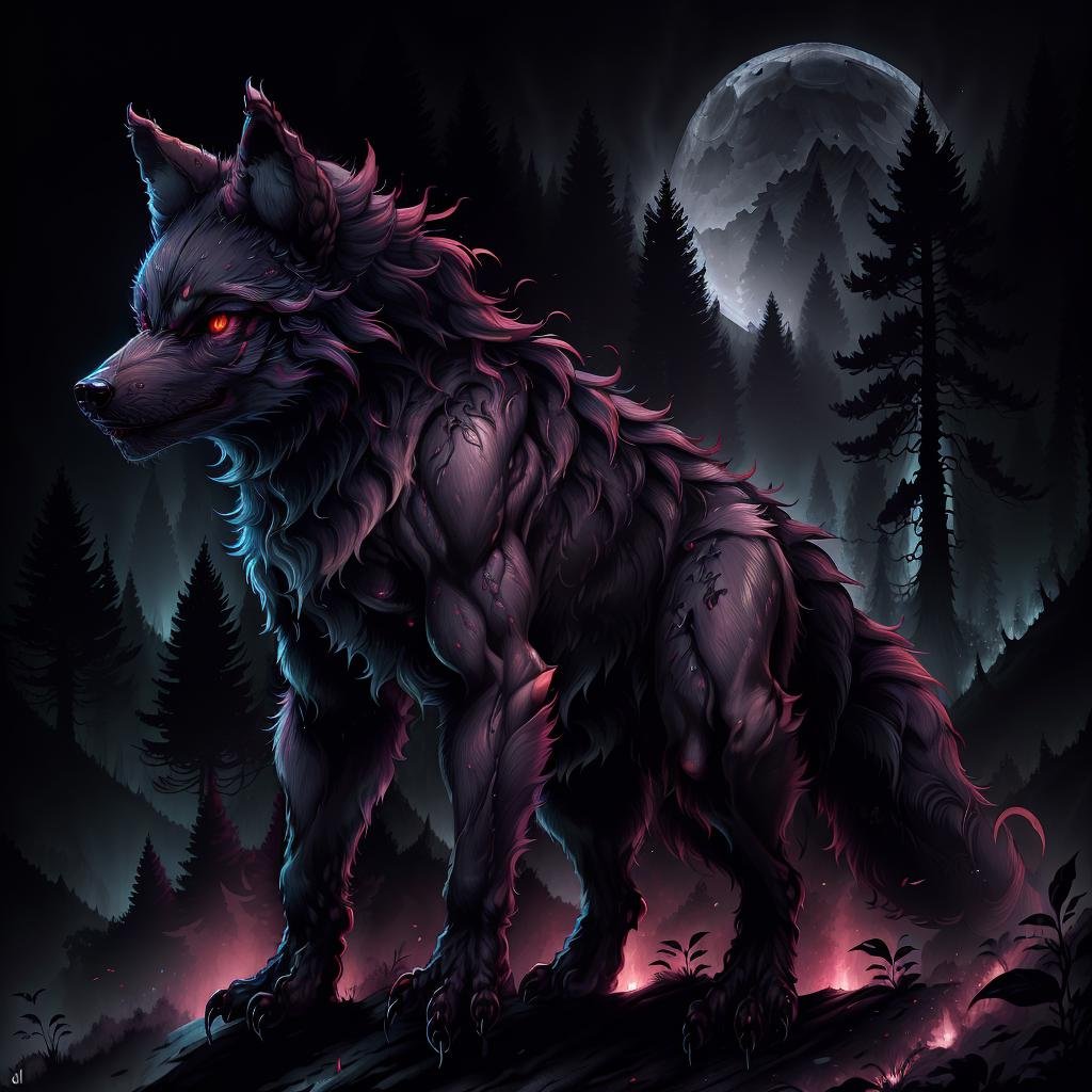 masterpiece, absurdres, extremely detailed, <lora:Mumfordai:1>, Mumfordai, detailed eyes, red eyes, Wolf, in forest, night, moonlight, volumetric lighting,