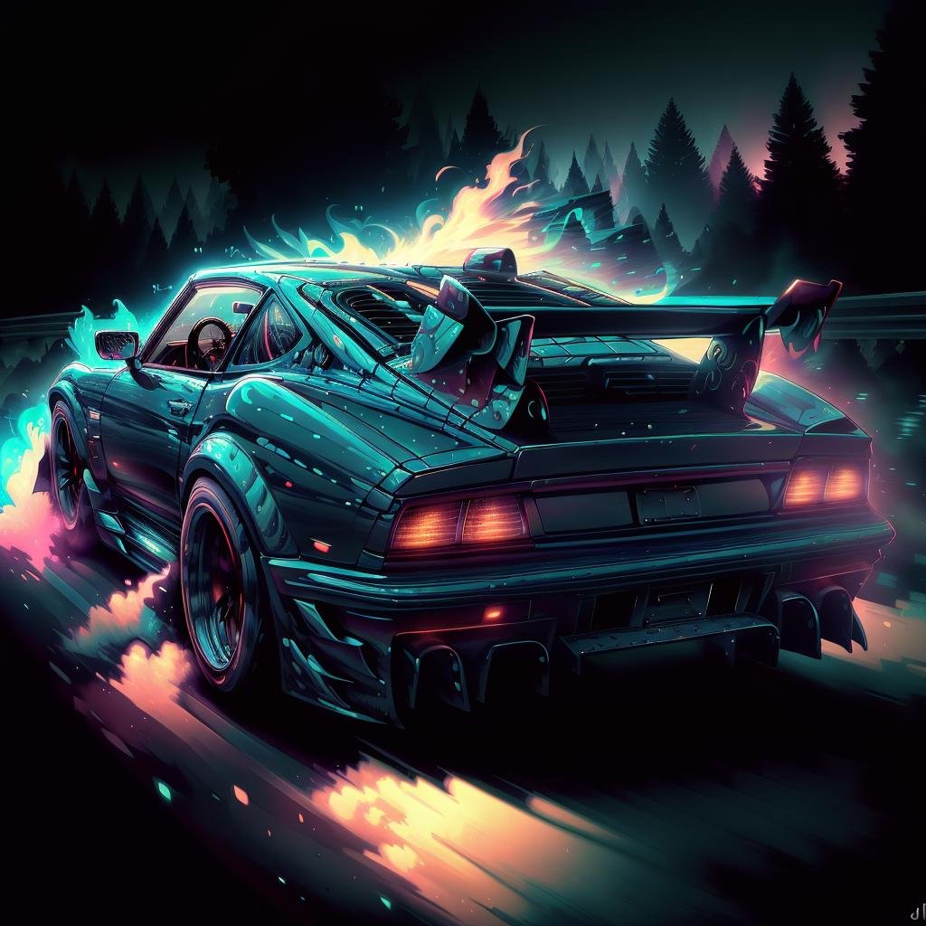 masterpiece, absurdres, extremely detailed,<lora:Mumfordai:1>, Mumfordai, magical, sports car, racing past, in motion, night, volumetric lighting,