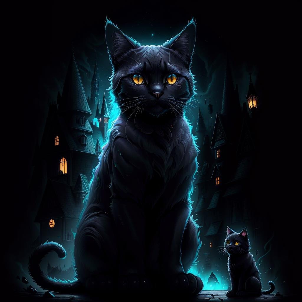 masterpiece, absurdres, extremely detailed,<lora:Mumfordai:0.6>, Mumfordai, magical, black cat, sitting, looking at viewer, night, volumetric lighting,