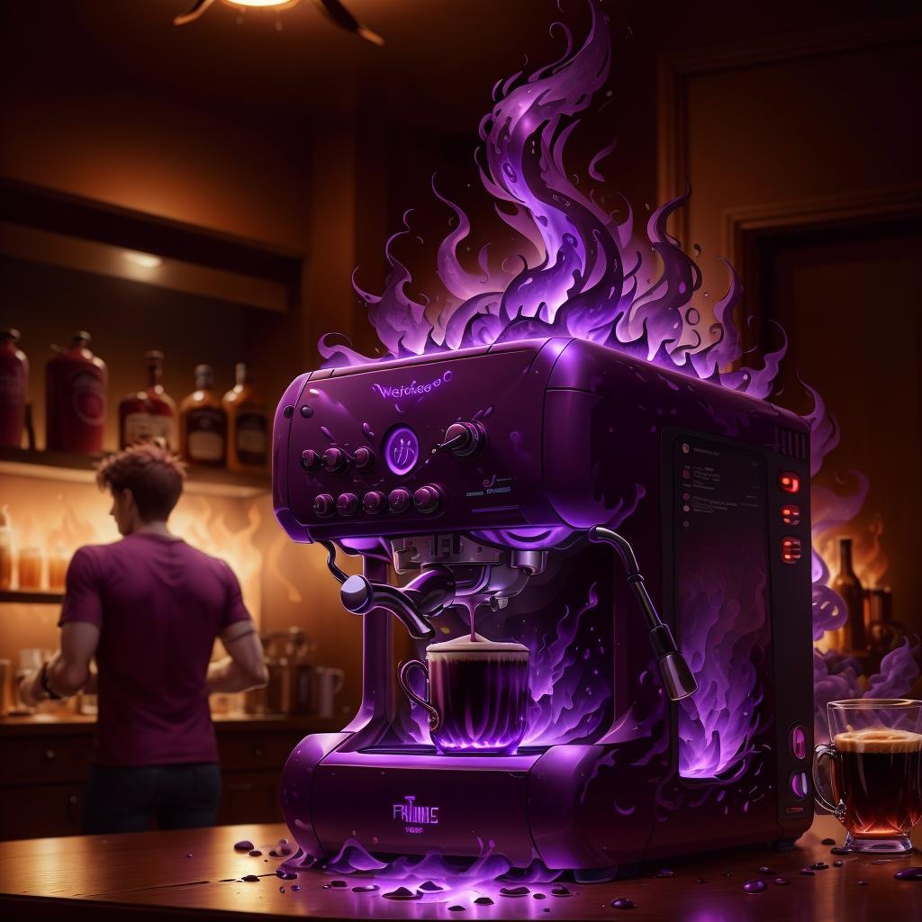 masterpiece, absurdres, extremely detailed,  <lora:MadeOfFireAI:0.6>, madeoffireai, purple fire ,coffee machine, day, volumetric lighting,