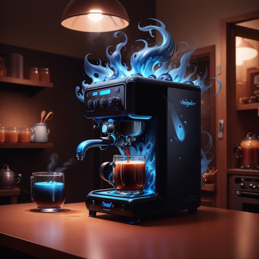 masterpiece, absurdres, extremely detailed,  <lora:MadeOfFireAI:0.6>, madeoffireai, blue fire, coffee machine, kitchen, day, volumetric lighting,