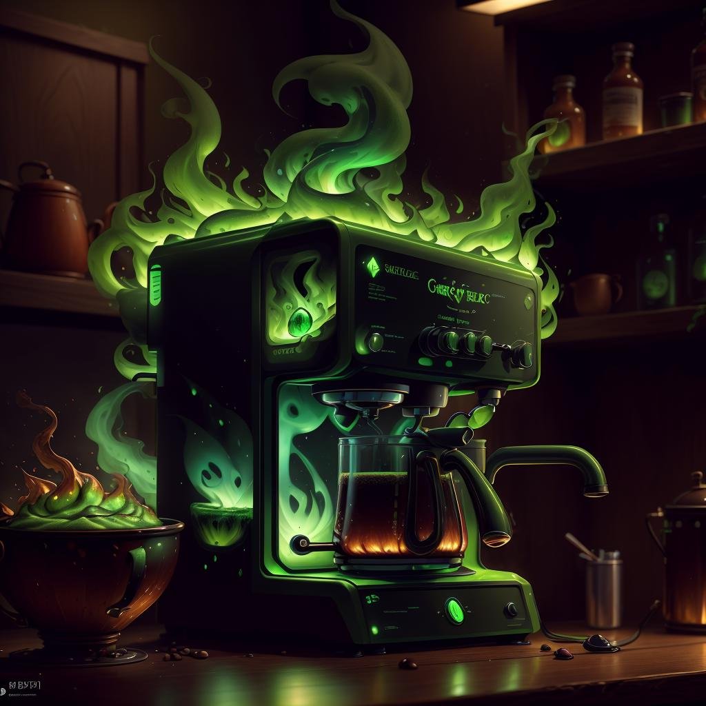 masterpiece, absurdres, extremely detailed,  <lora:MadeOfFireAI:0.6>, madeoffireai, green fire ,coffee machine, day, volumetric lighting,