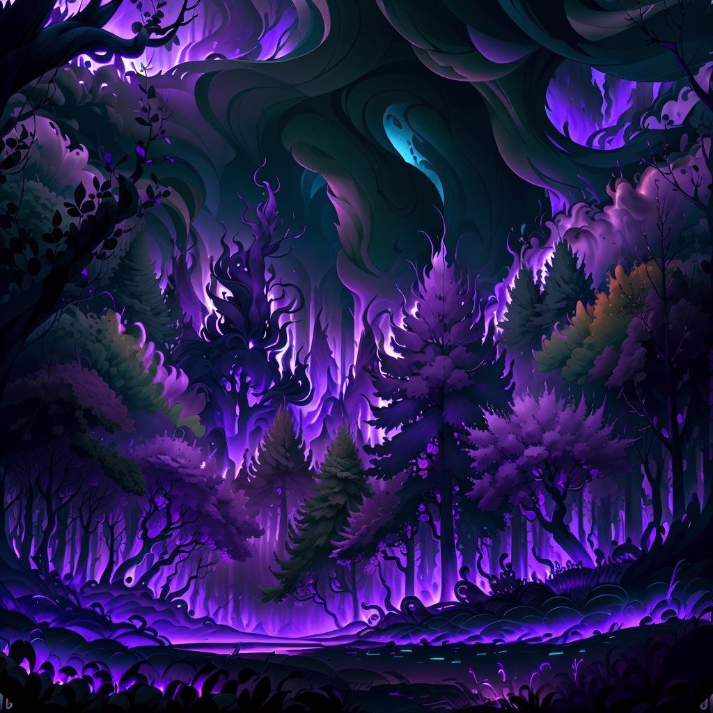 masterpiece, absurdres, extremely detailed,  <lora:MadeOfFireAI:1>, madeoffireai, purple fire, forest, day, volumetric lighting,