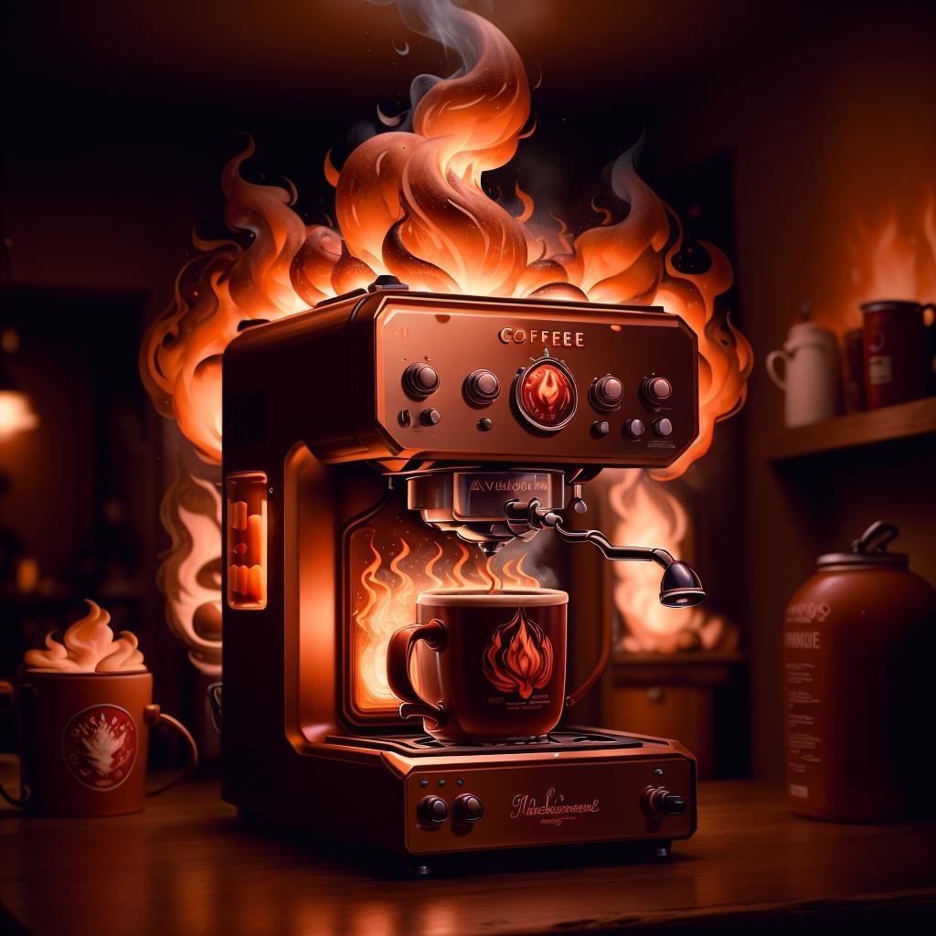 masterpiece, absurdres, extremely detailed,  <lora:MadeOfFireAI:0.6>, madeoffireai, fire ,coffee machine, day, volumetric lighting,