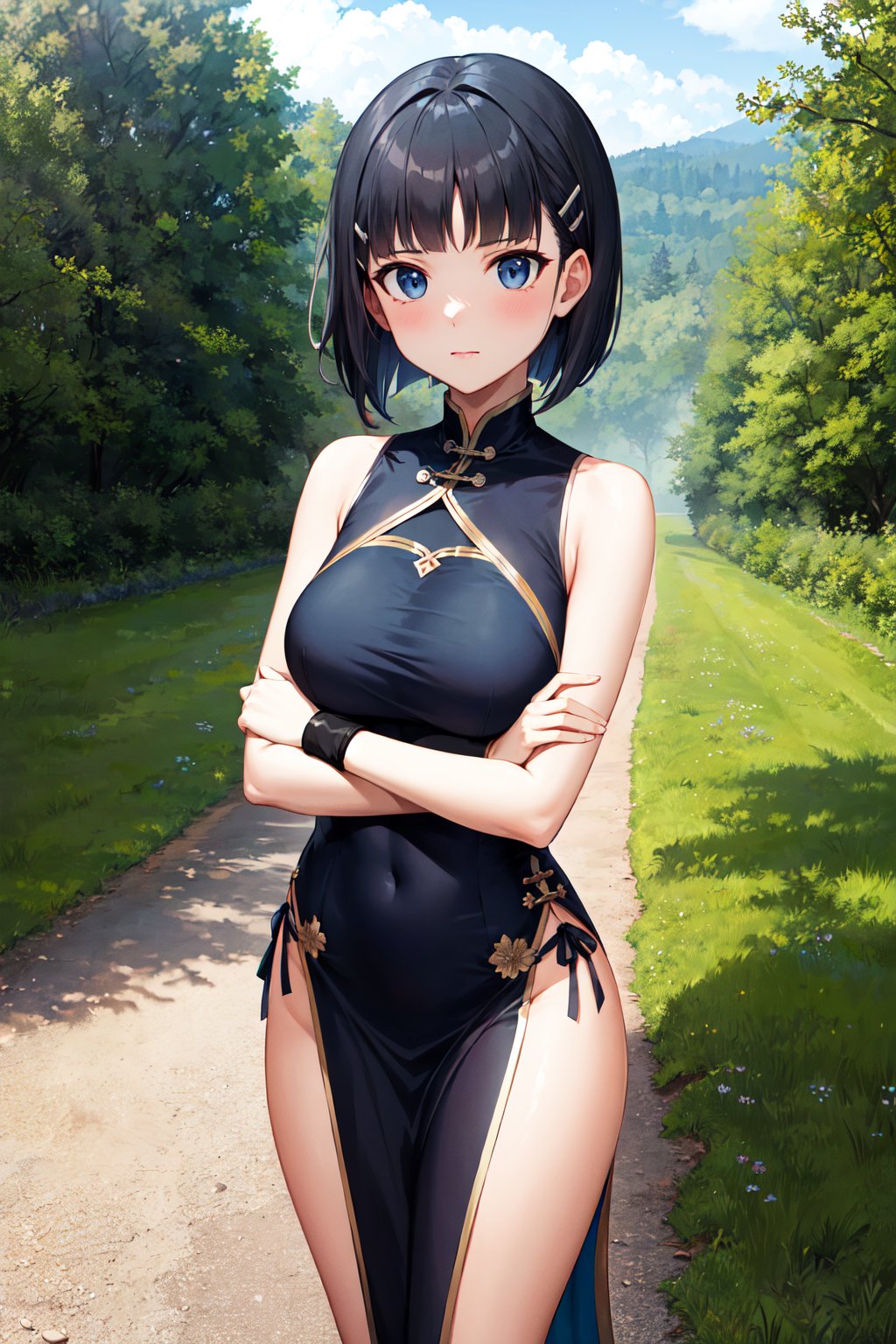 masterpiece, best quality, highres, aasugu, short hair, hairclip, large breasts, <lora:kirigaya_suguha_v1:0.7>, china dress, pelvic curtain, wristband, ruins, outdoors, standing, cowboy shot, crossed arms, 