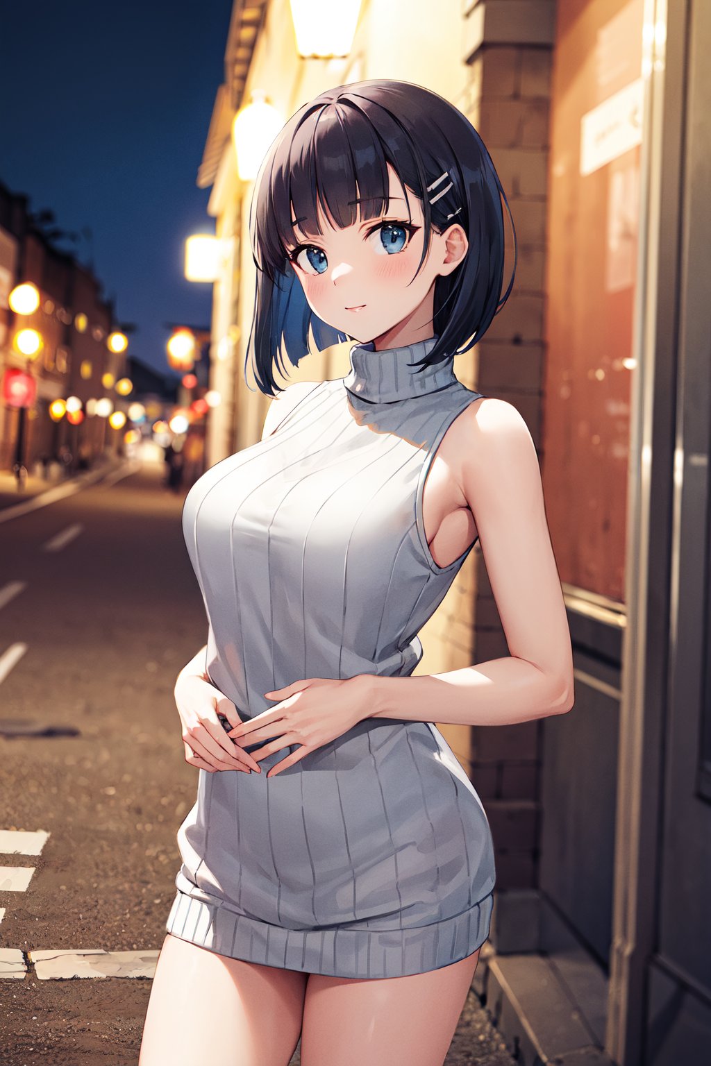 masterpiece, best quality, highres, aasugu, short hair, hairclip, large breasts, <lora:kirigaya_suguha_v1:0.7>, sweater dress, sleeveless, night, street, standing, cowboy shot, 