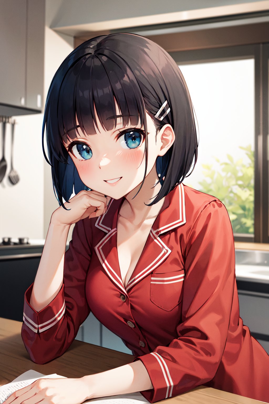 masterpiece, best quality, highres, aasugu, short hair, hairclip, cleavage, pajamas, red shirt, dress shirt, bare legs, <lora:kirigaya_suguha_v1:0.7>, upper body, coffee, cup, smile, table, kitchen,