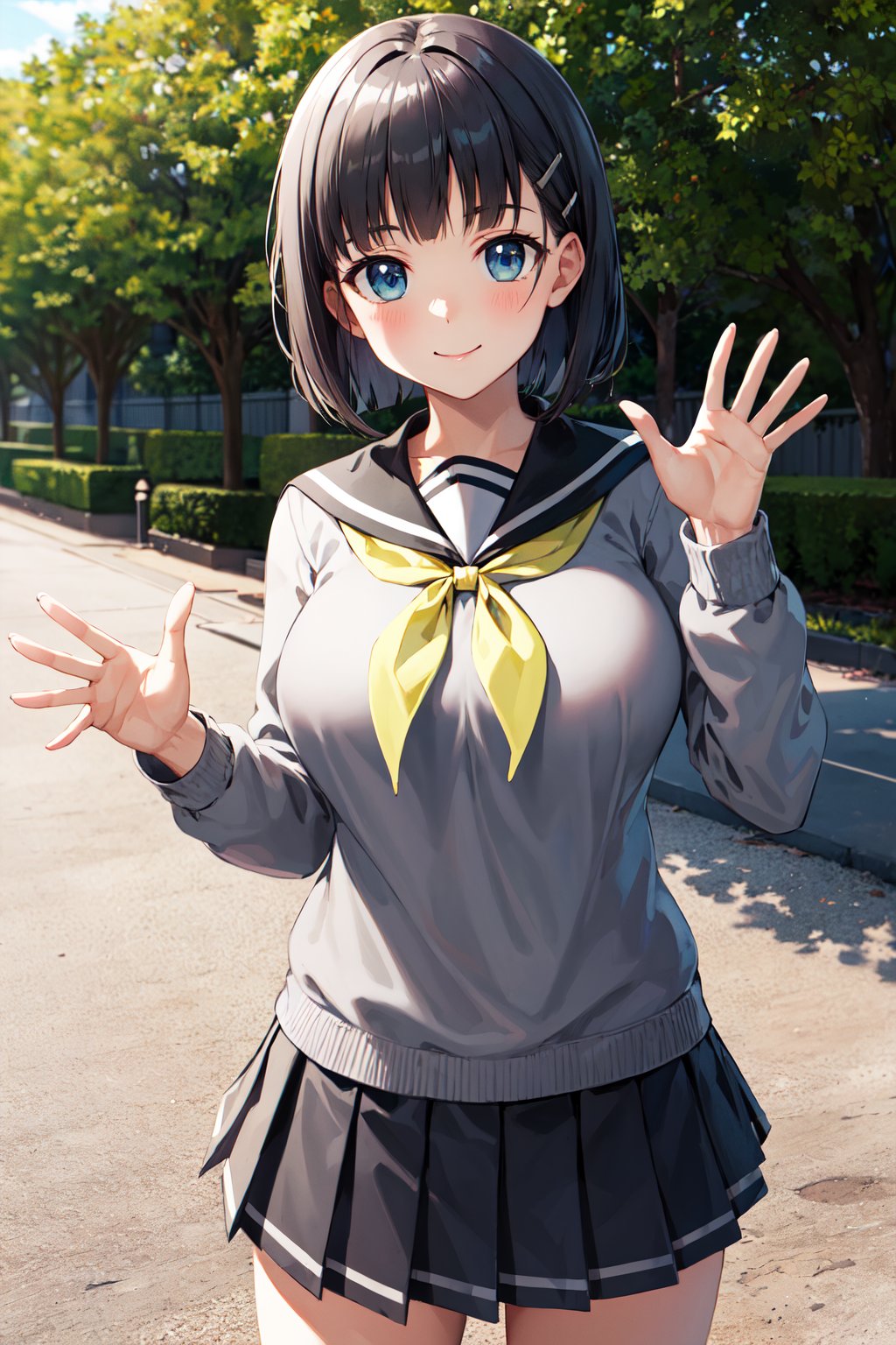 masterpiece, best quality, highres, aasugu, short hair, hairclip, large breasts, grey sweater, black sailor collar, yellow neckerchief, black skirt, <lora:kirigaya_suguha_v1:0.7>,  standing, cowboy shot, outdoors, smile, waving