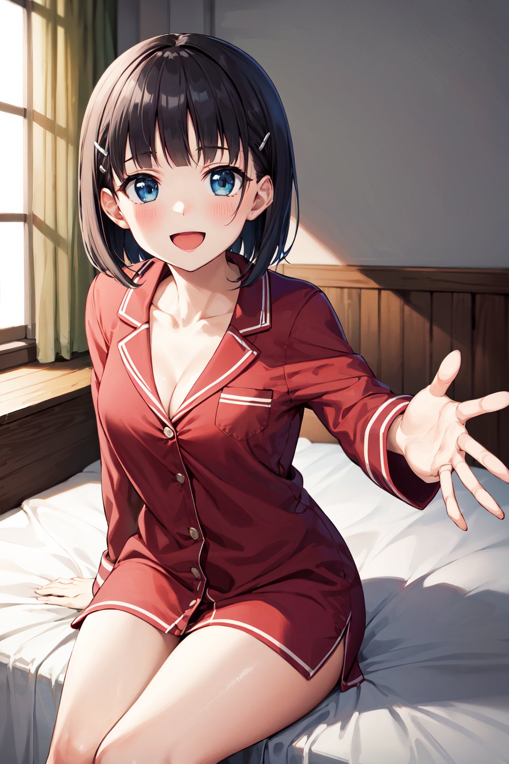 masterpiece, best quality, highres, aasugu, short hair, hairclip, cleavage, pajamas, red shirt, dress shirt, bare legs, <lora:kirigaya_suguha_v1:0.7>, bed, sitting, reaching out, outstretched arms, smile, open mouth,