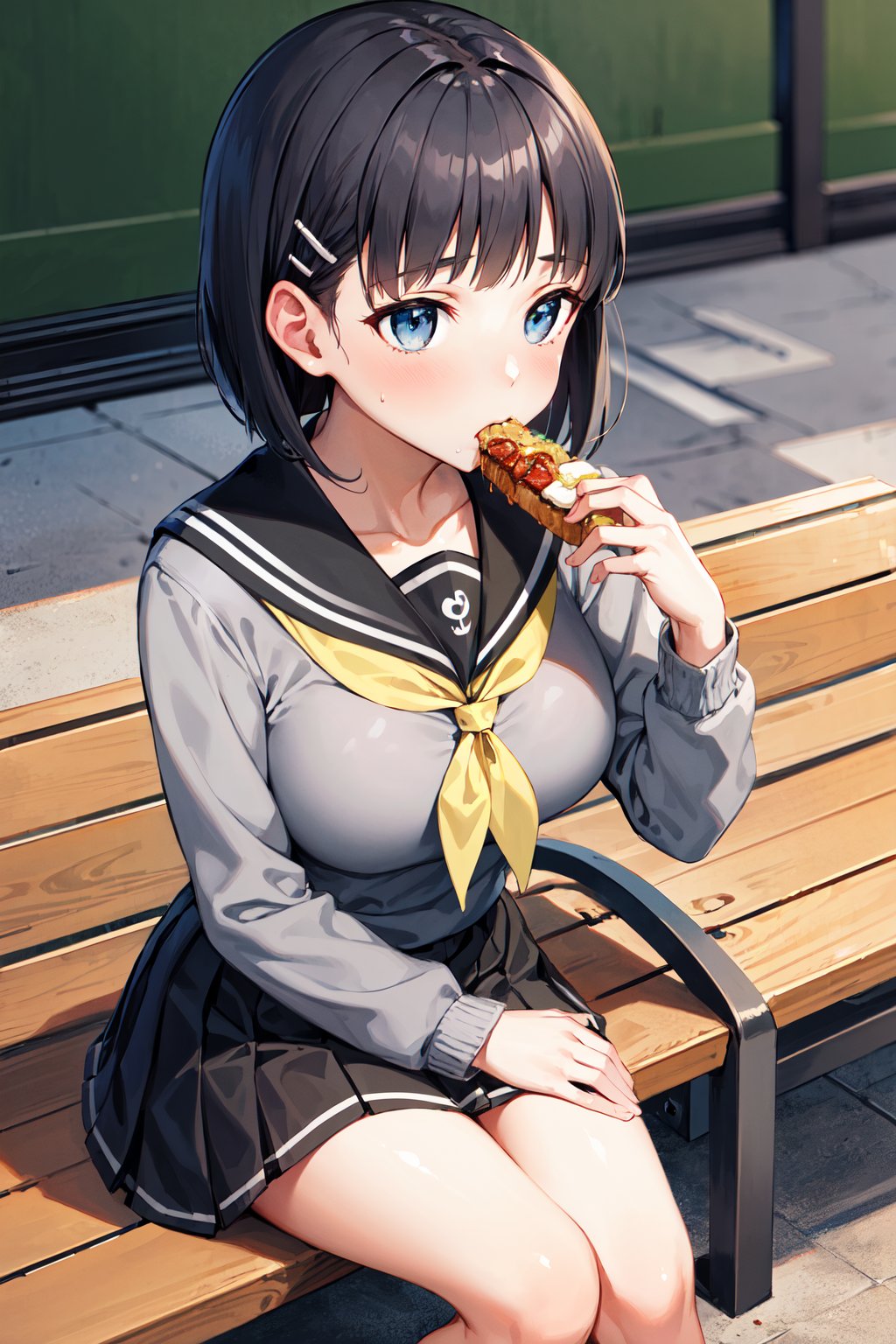 masterpiece, best quality, highres, aasugu, short hair, hairclip, large breasts, grey sweater, black sailor collar, yellow neckerchief, black skirt, <lora:kirigaya_suguha_v1:0.7>, sitting, bench, food, eating,