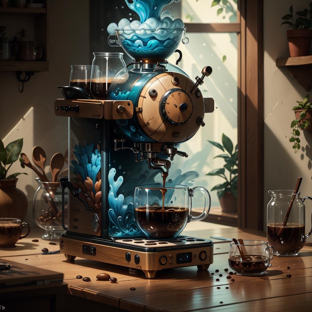 masterpiece, absurdres, extremely detailed, <lora:Madeofwaterai:0.6>, madeofwaterai, blue water,  coffee machine, day, volumetric lighting,