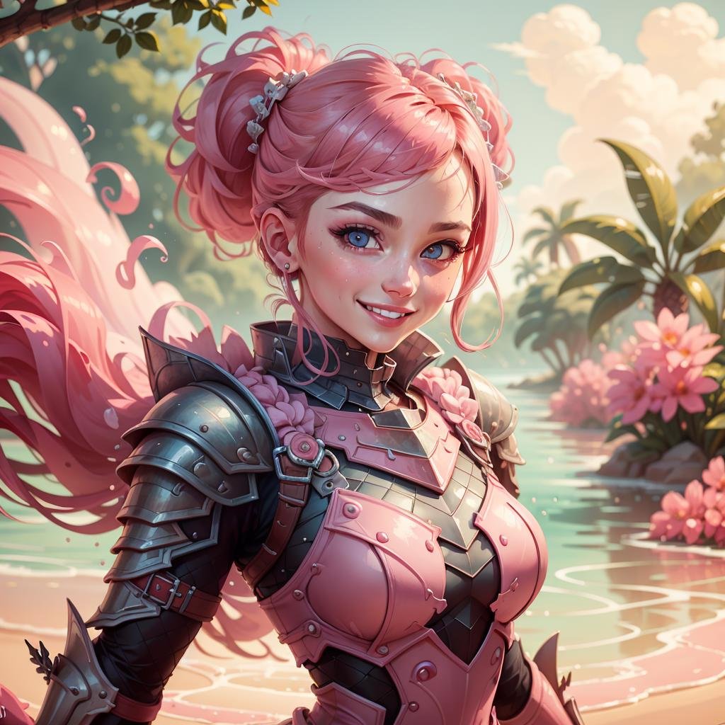 masterpiece, absurdres, extremely detailed, detailed eyes, <lora:Madeofwaterai:0.6>, madeofwaterai, pink water, 1girl, armoured, dress, smiling, looking at viewer, day, volumetric lighting,