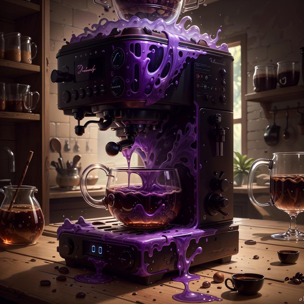 masterpiece, absurdres, extremely detailed, <lora:Madeofwaterai:0.6>, madeofwaterai, purple water,  coffee machine, day, volumetric lighting,