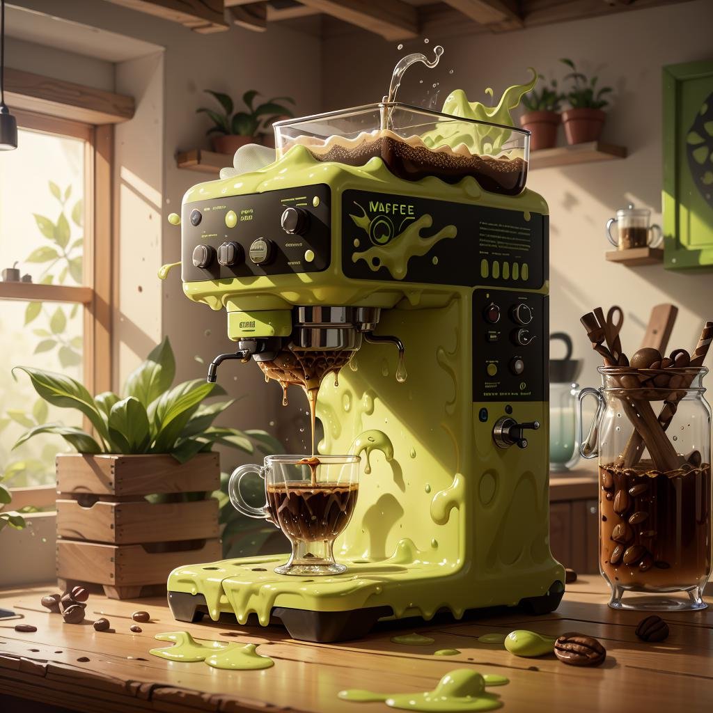 masterpiece, absurdres, extremely detailed, <lora:Madeofwaterai:0.6>, madeofwaterai, lime green water,  coffee machine, day, volumetric lighting,