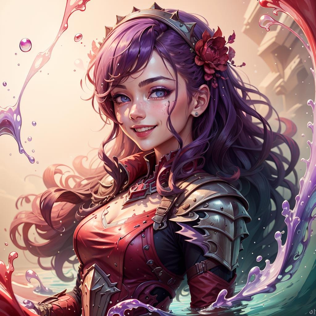 masterpiece, absurdres, extremely detailed, detailed eyes, <lora:Madeofwaterai:0.6>, madeofwaterai, purple water red water, 1girl, armoured, dress, smiling, looking at viewer, day, volumetric lighting,