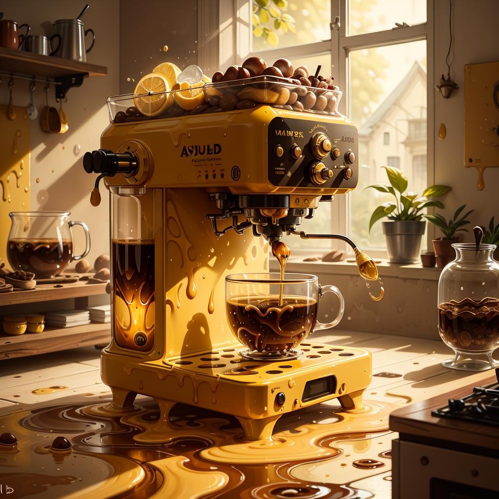 masterpiece, absurdres, extremely detailed, <lora:Madeofwaterai:0.6>, madeofwaterai, yellow water,  coffee machine, day, volumetric lighting,