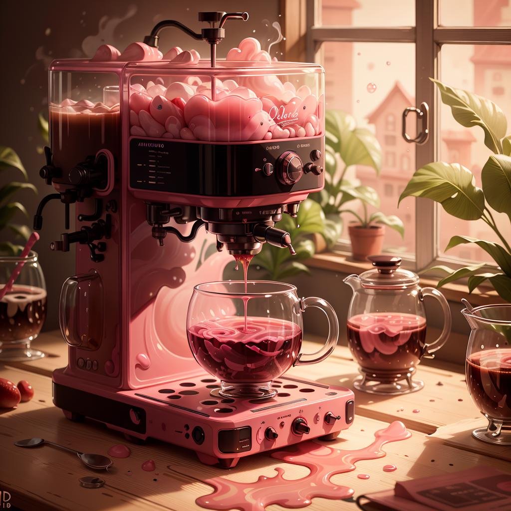 masterpiece, absurdres, extremely detailed, <lora:Madeofwaterai:0.6>, madeofwaterai, pink water,  coffee machine, day, volumetric lighting,