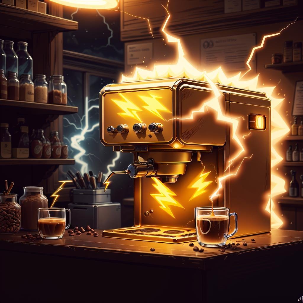 masterpiece, absurdres, extremely detailed,  <lora:madeoflightningai:0.65>, madeoflightningai, coffee machine, (lightning), magical, (yellow lightning), bar counter, night, moonlight, volumetric lighting,