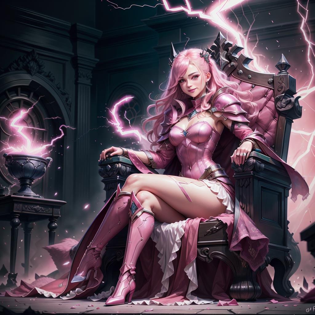 masterpiece, absurdres, extremely detailed, detailed eyes, fullbody,  <lora:madeoflightningai:0.6>, madeoflightningai, 1girl, armoured, dress (lightning), magical, (pink lightning), looking at viewer, smiling, sitting on throne, day, throne room, volumetric lighting,