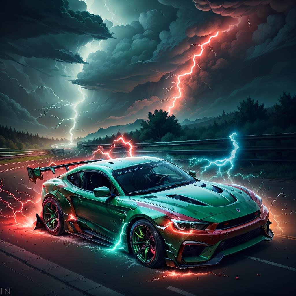 masterpiece, absurdres, extremely detailed,  <lora:madeoflightningai:0.6>, madeoflightningai, sports car, racing past, in motion, (lightning), magical, (red lightning), (green lightning), night, volumetric lighting,