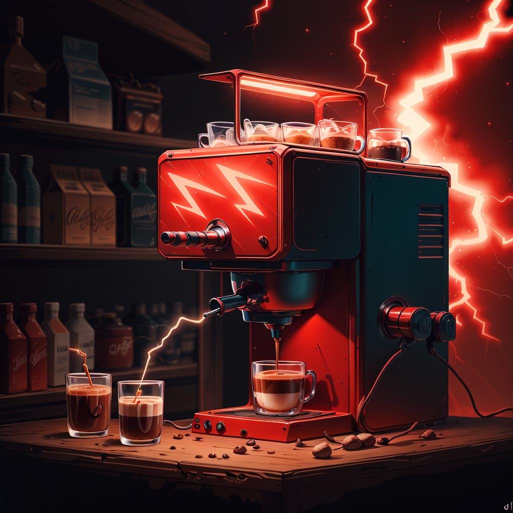 masterpiece, absurdres, extremely detailed,  <lora:madeoflightningai:0.65>, madeoflightningai, coffee machine, lightning, magical, red lightning, bar counter, night, moonlight, volumetric lighting,