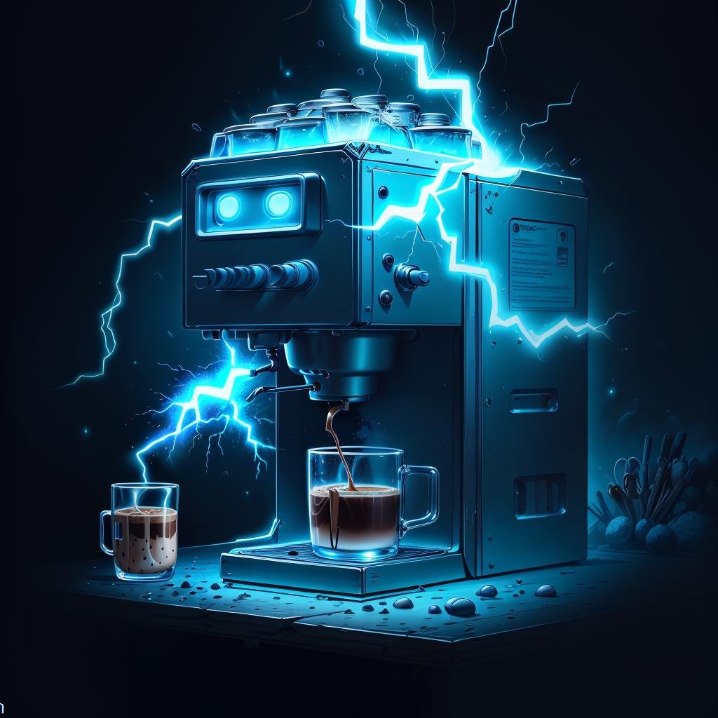 masterpiece, absurdres, extremely detailed,  <lora:madeoflightningai:0.65>, madeoflightningai, coffee machine, lightning, magical, blue lightning, bar counter, night, moonlight, volumetric lighting,