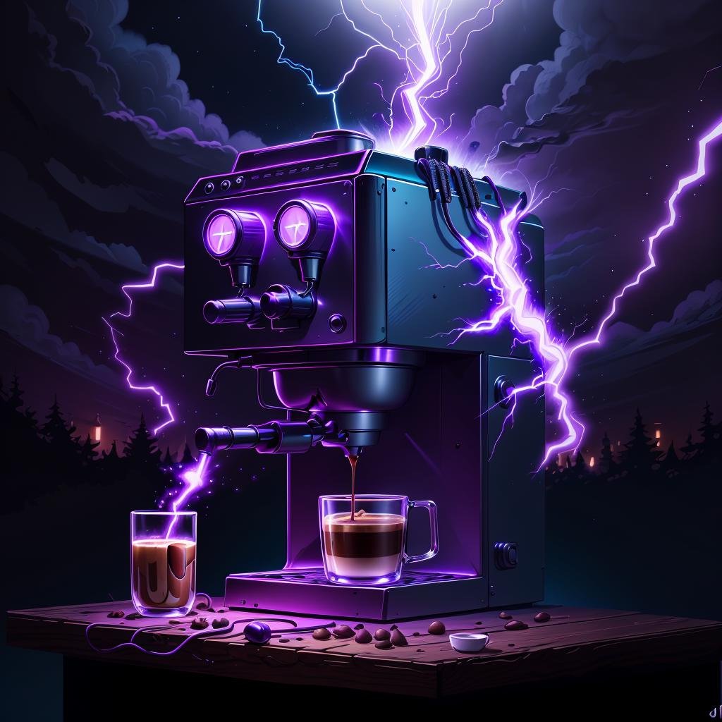 masterpiece, absurdres, extremely detailed,  <lora:madeoflightningai:0.65>, madeoflightningai, coffee machine, (lightning), magical, (purple lightning), bar counter, night, moonlight, volumetric lighting,