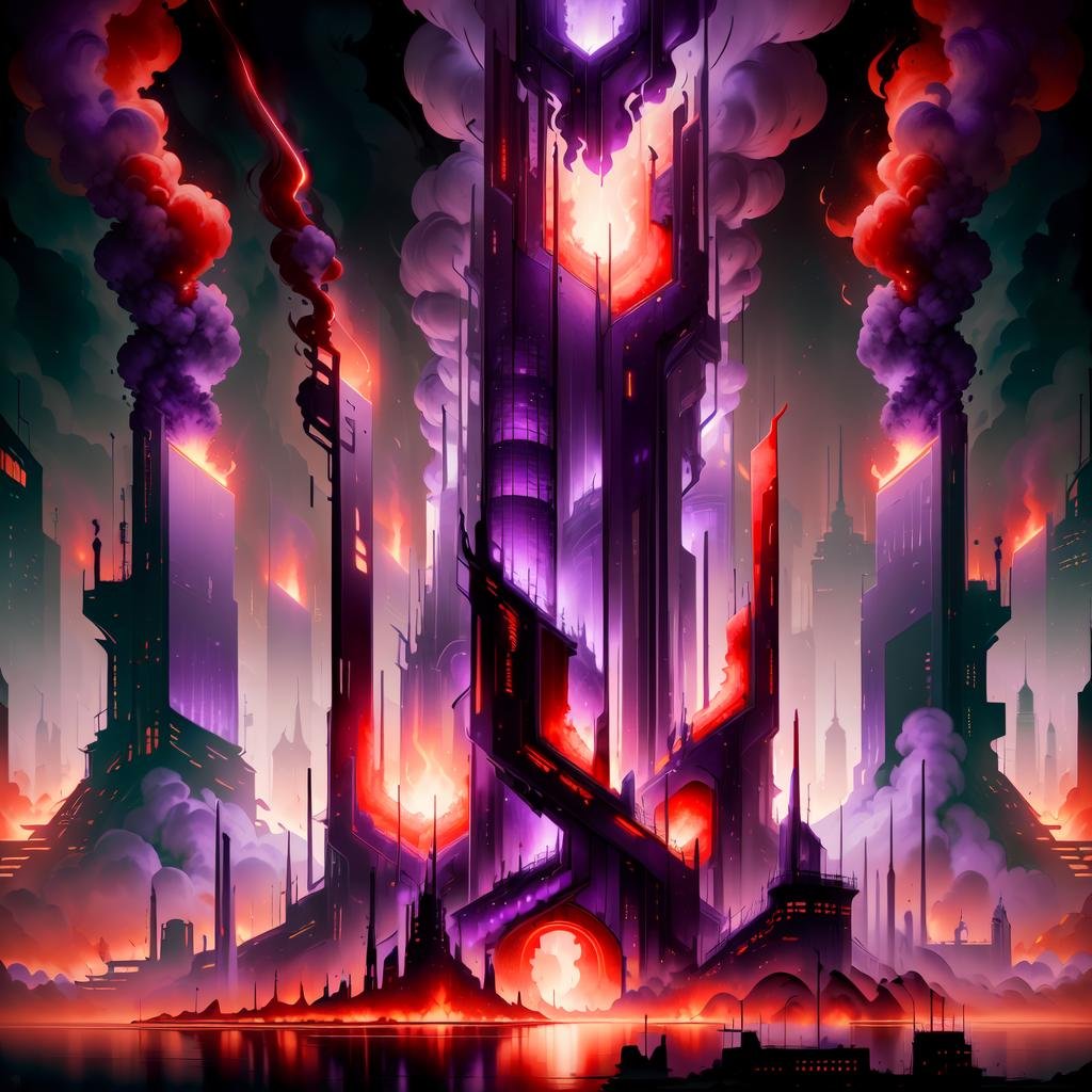 <lora:worldoffire:1>, worldoffire, scifi, (purple:1.5), (red:1.5) city with towers and buildings, day, volumetric lighting, blazing heat, dissipating vapours, flickering flames, fire, inferno, <lora:more_details:0>