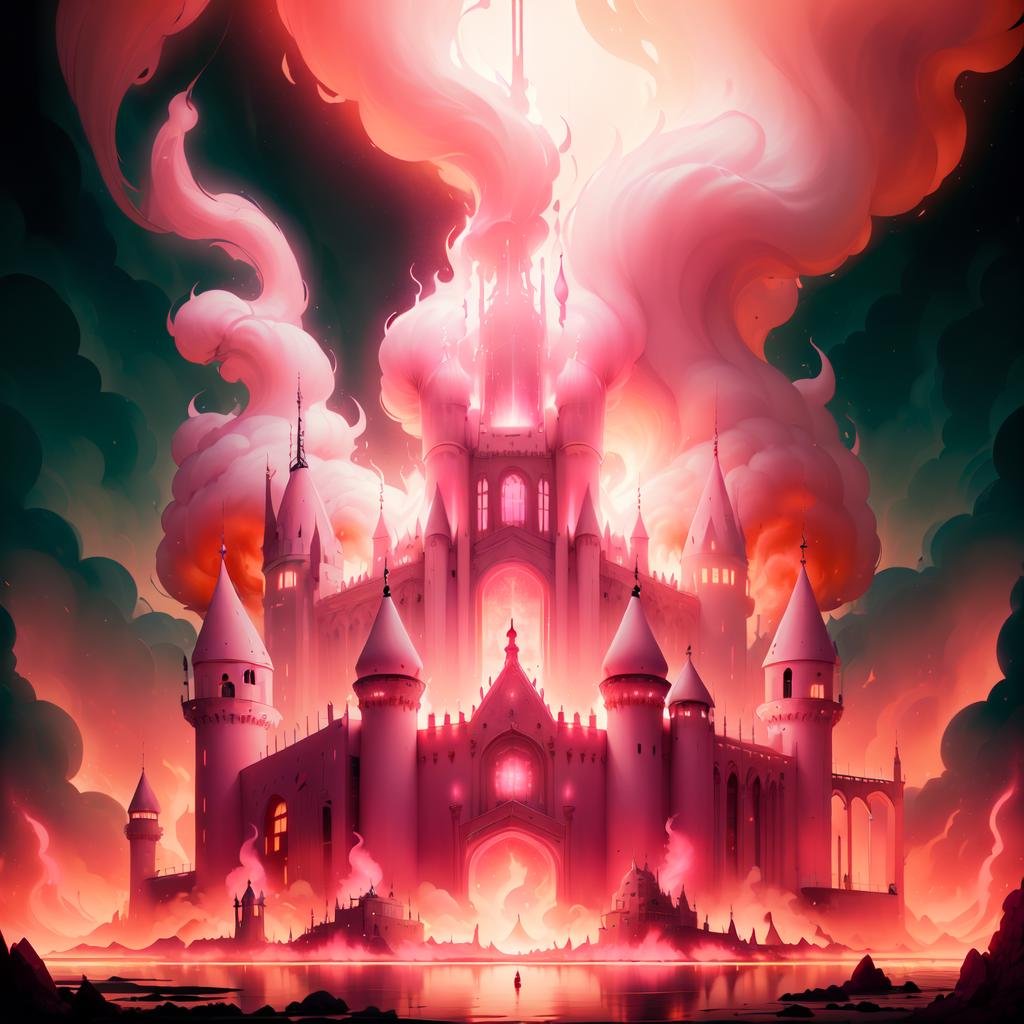 <lora:worldoffire:1>, worldoffire, (pink:1.5), majestic royal castle, filled with life, day, volumetric lighting, blazing heat, dissipating vapours, flickering flames, fire, inferno, <lora:more_details:0>